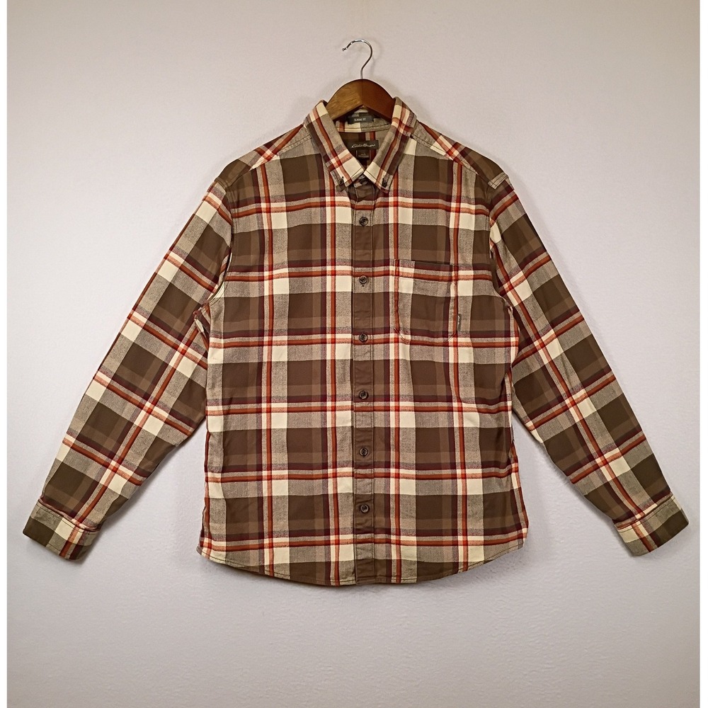 Rustic Cabin Eddie‎ Bauer Mens Large Brown Plaid Flannel Button Down Shirt L